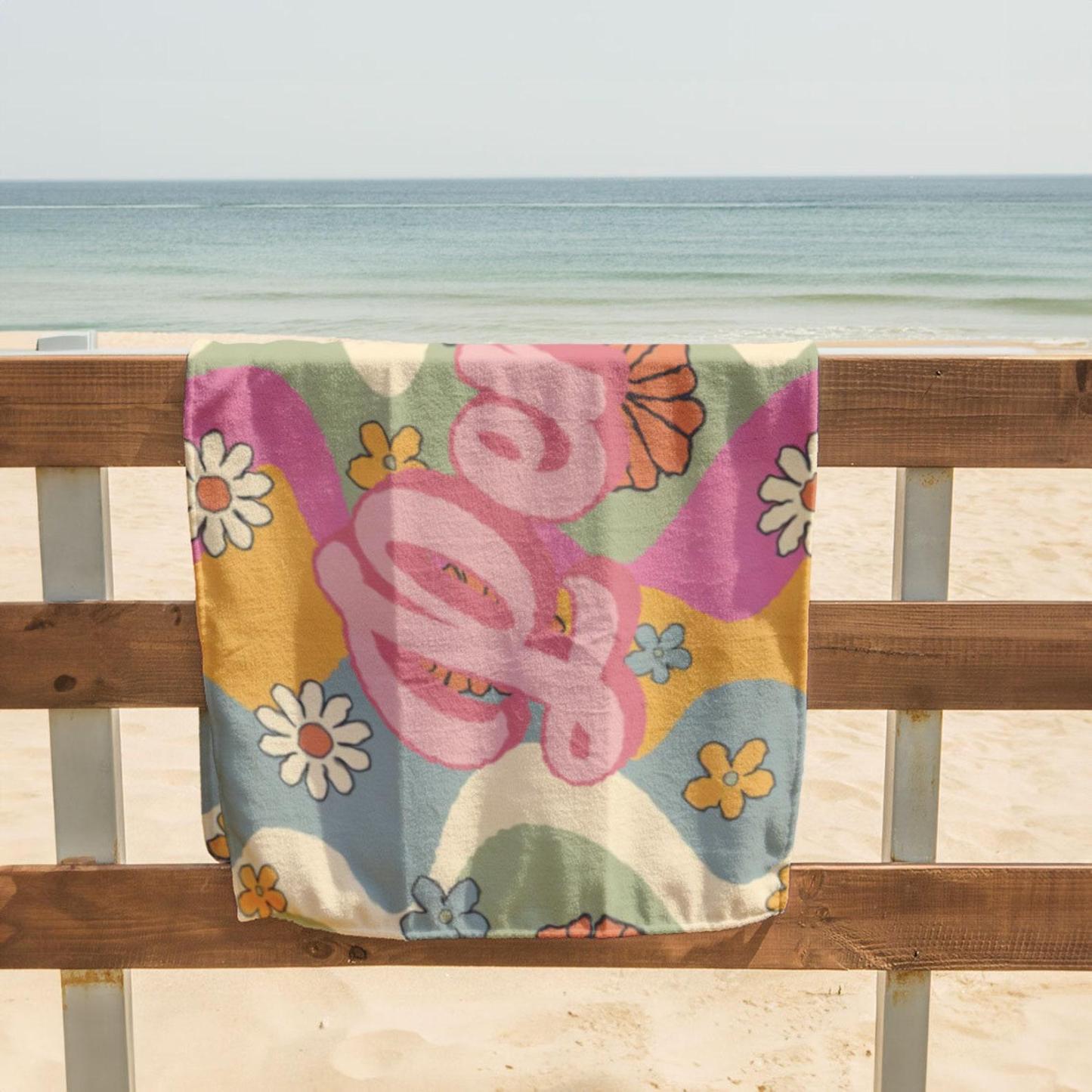 Custom Pink Flower Beach Towel,Personalized Bath Towel With Name,Pool Towel For Adults,Vacation Gift,Birthday Gift,Oversized Beach Towel - MyFaceBoxer