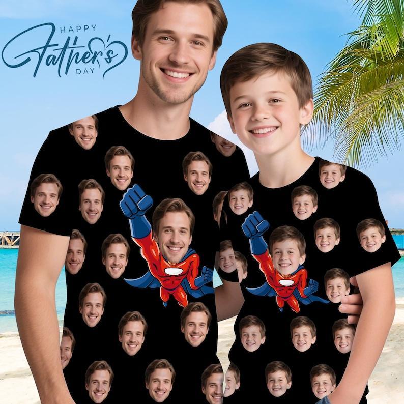 Super Dad T-Shirt, Matching Father Son Face Design, Custom Funny T-Shi