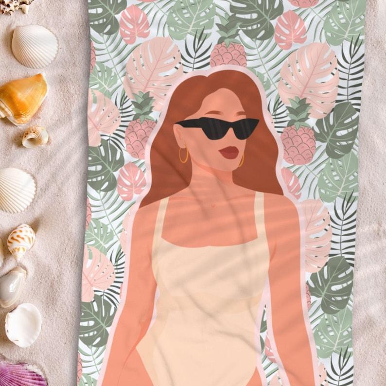 Personalized Photo Retro Beach Towel, Vintage Style Poolside Accessory, Summer Must-Have, Vacation Towel, Tropical Leaves,  Auburn Red Head or Brunette Hair