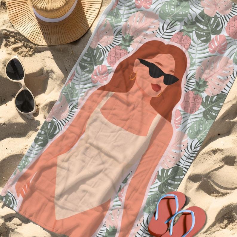 Personalized Photo Retro Beach Towel, Vintage Style Poolside Accessory, Summer Must-Have, Vacation Towel, Tropical Leaves,  Auburn Red Head or Brunette Hair