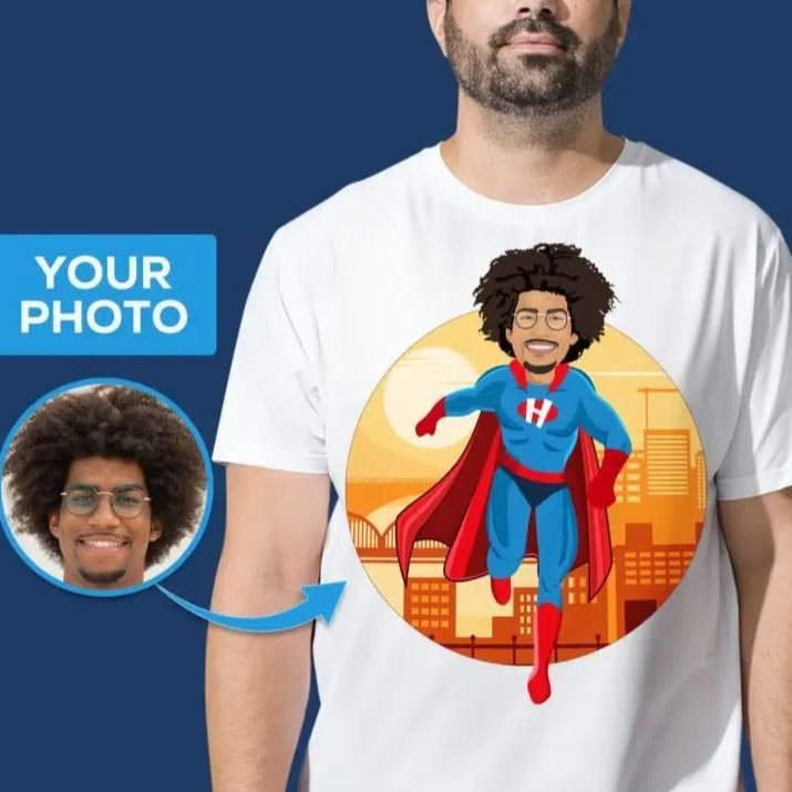 Father's Day Gifts Custom Photo Blue Superhero T-Shirt for Men �C Personalized Superdad Tee