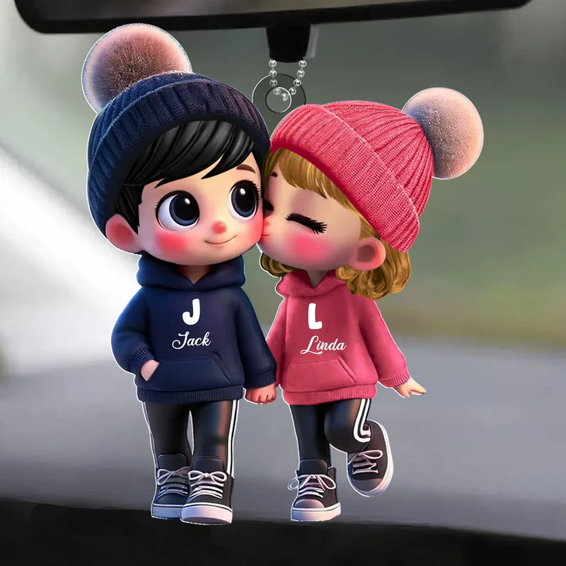 Personalized Acrylic Car Hanger - Cute Couple Kissing Moment - Custom Name Gift for Boyfriend & Girlfriend - MyfaceboxerAU