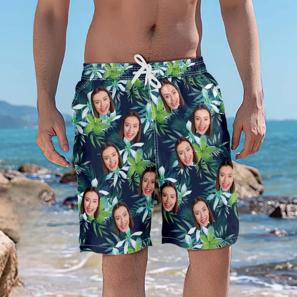 Men's Custom Face Beach Trunks Photo Shorts - Coconut tree