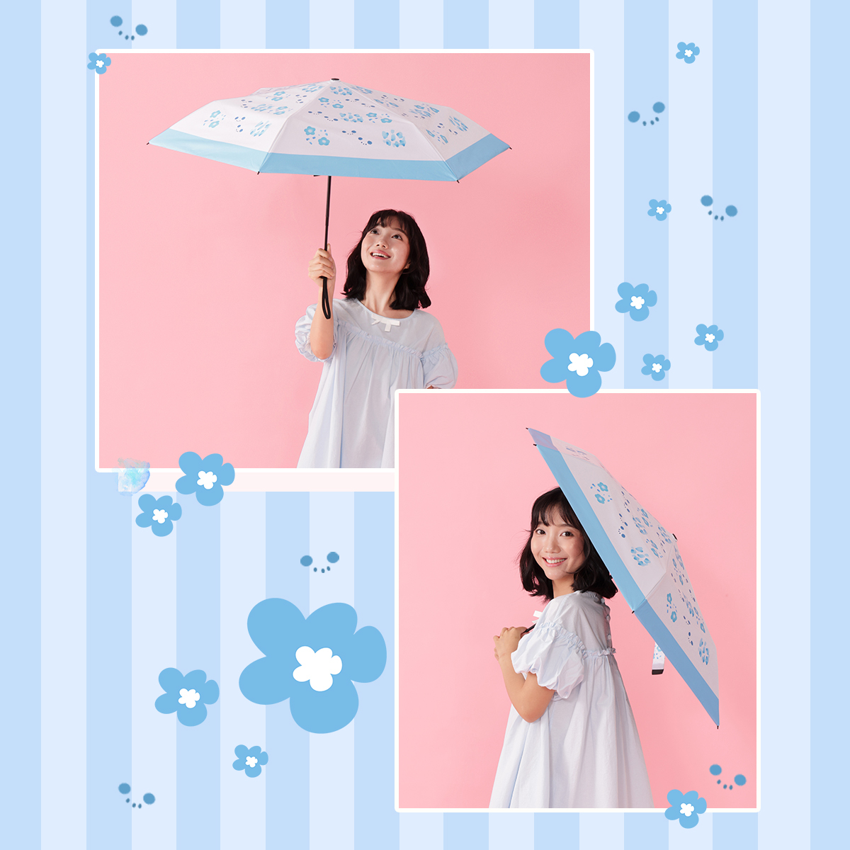 KONCIWA × 「もぷちゃぷ（Mopuchapu）」 コラボレーションモデル 晴雨兼用折りたたみ傘 ワンタッチ自動開閉 軽量-KONCIWA