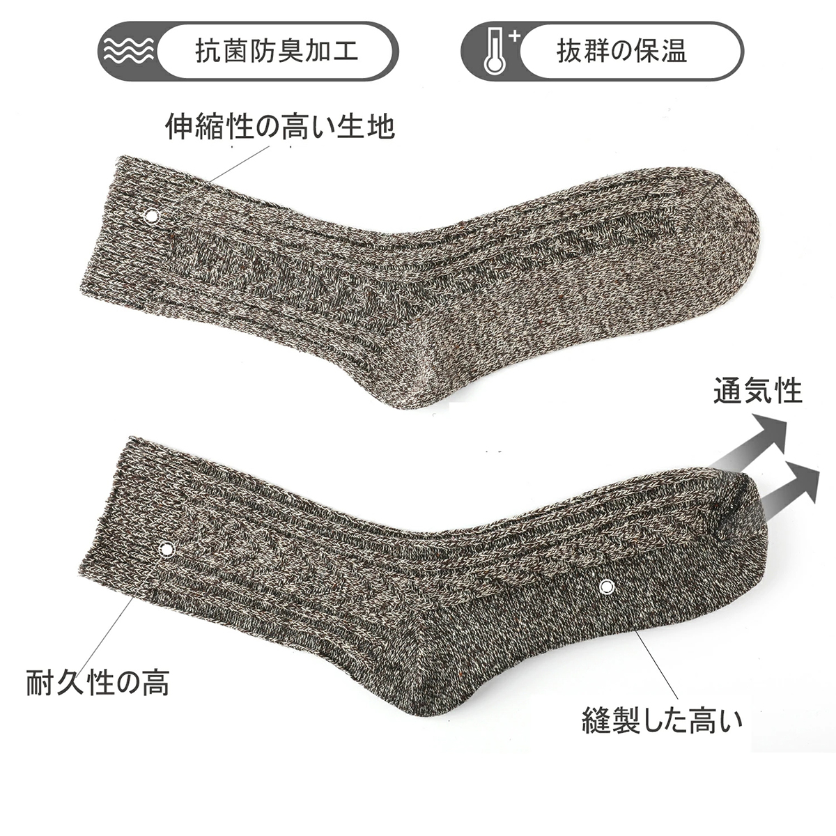 靴下 メンズ 秋冬 中厚手 防寒 あったか温暖力 スキー ヒートテック 足底クッション編み くつした 綿 吸汗 防臭 抗菌 靴下 アウトドア 5足セット24-28cm