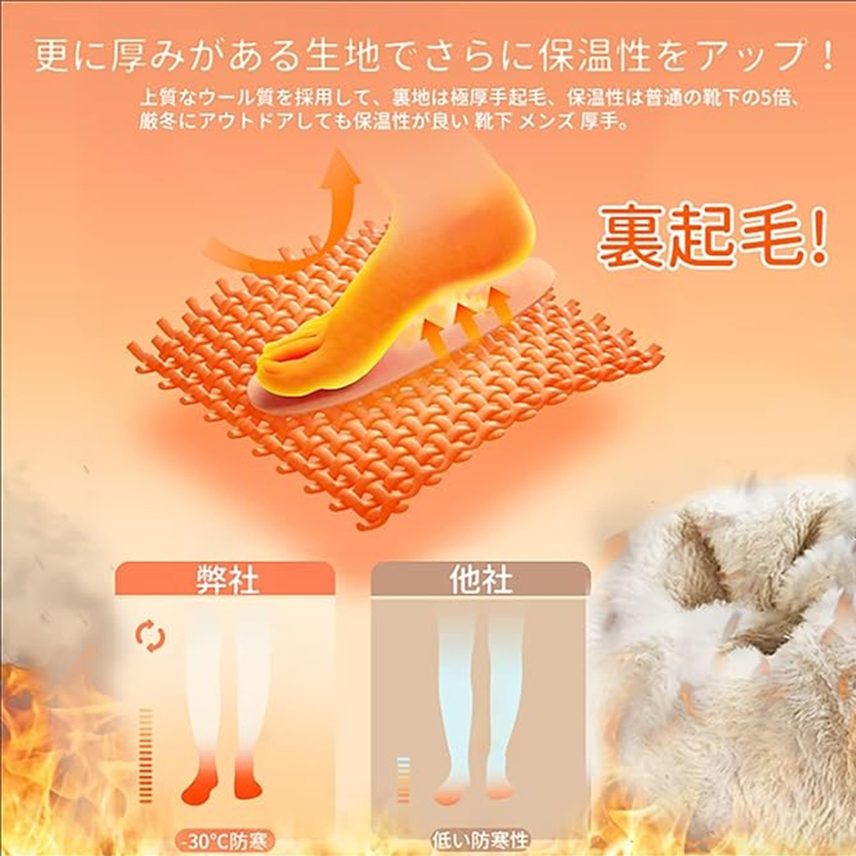 靴下 メンズ 冬 厚手【極暖38℃恒温・極厚裏パイル・ウール素材・360°蓄熱】 ソックス ウールソックス 防寒 保温 消臭 耐久性 伸縮性 室内 アウトドア 登山 キャンプ