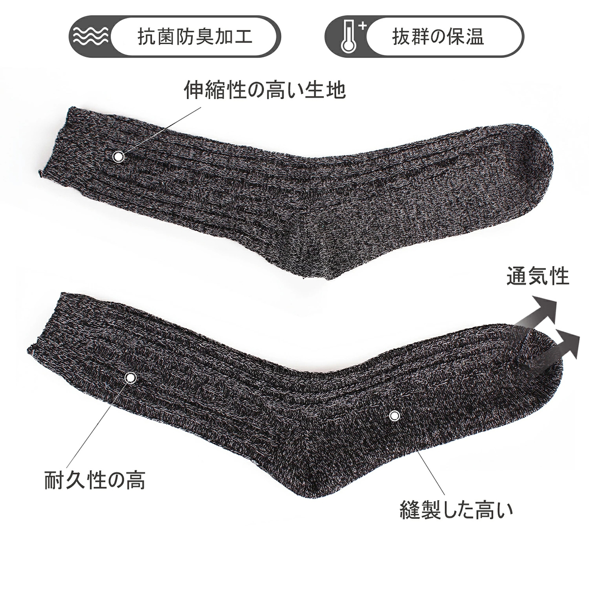 靴下 メンズ 秋冬 中厚手 防寒 あったか温暖力 スキー ヒートテック 足底クッション編み くつした 綿 吸汗 防臭 抗菌 靴下 アウトドア 5足セット24-28cm