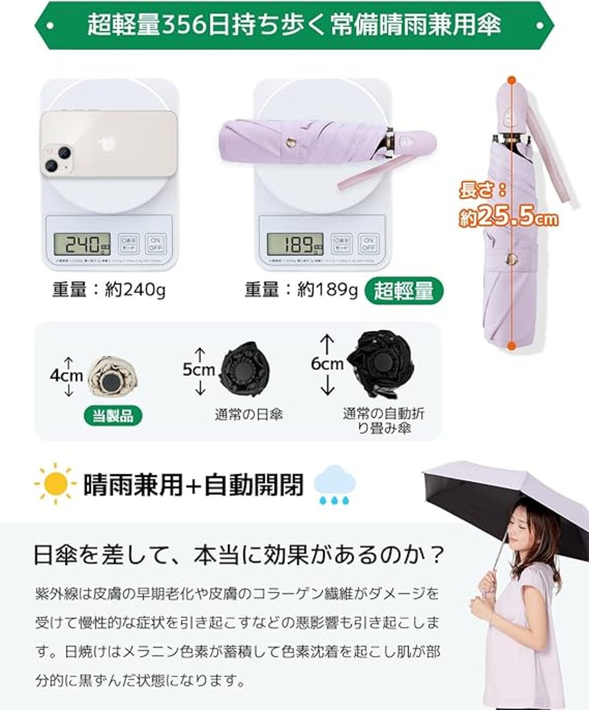 Ultra Portable 折り畳み傘 超軽量 199g UVカット率 100％ 遮光率100% 日傘 折りたたみ ワンタッチ自動開閉 完全遮光 晴雨兼用 レディース