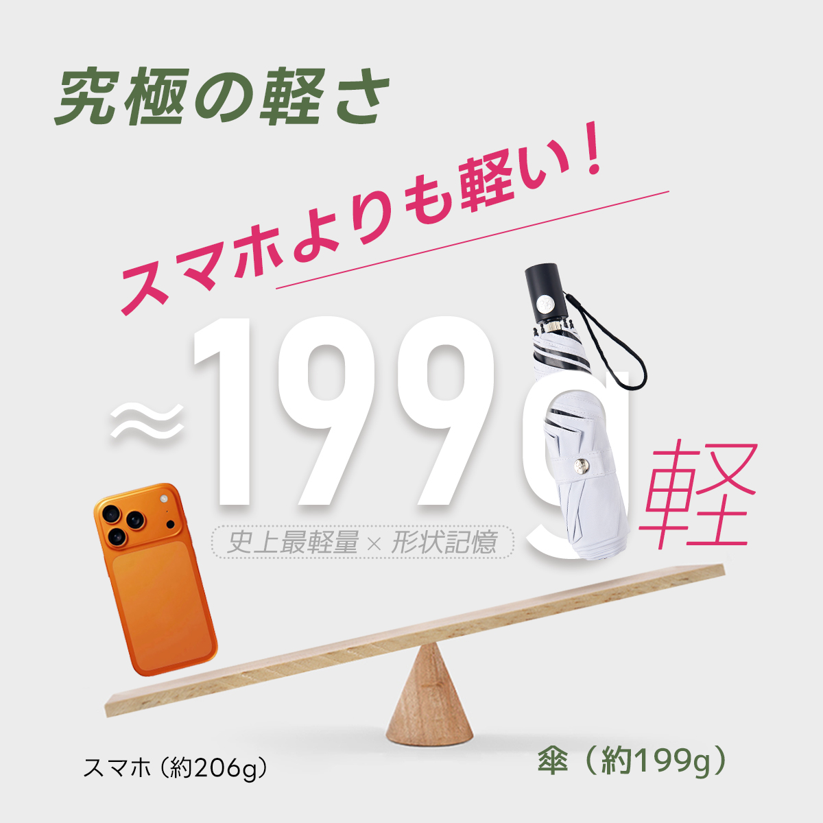 MFU1S AIR 最軽量 約200g 6本骨 90cm 形状記憶折りたたみ日傘