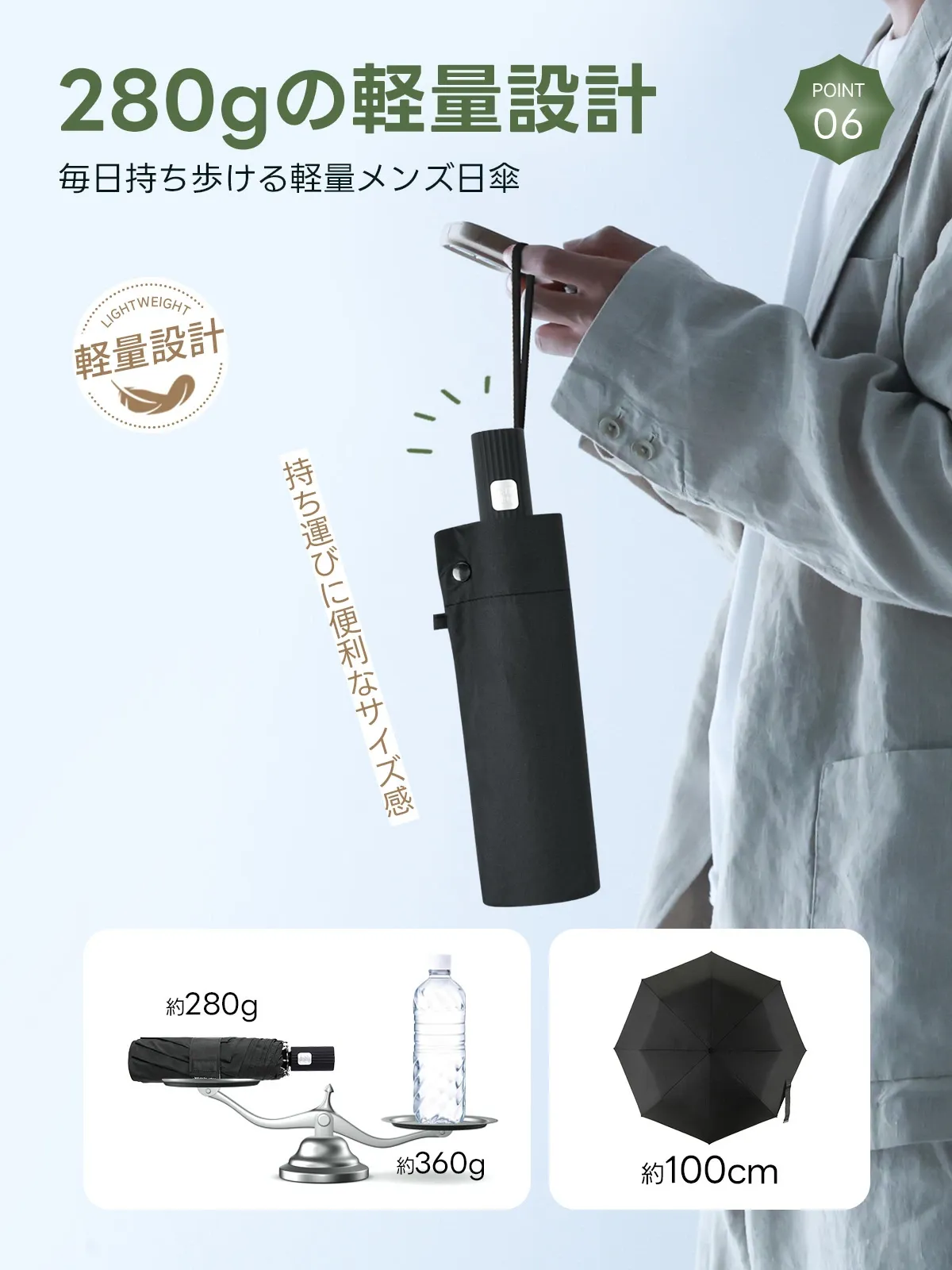 MFU5S PLUS メンズ向け ビッグサイズ100cm 8本骨 形状記憶 完全遮光折りたたみ日傘
