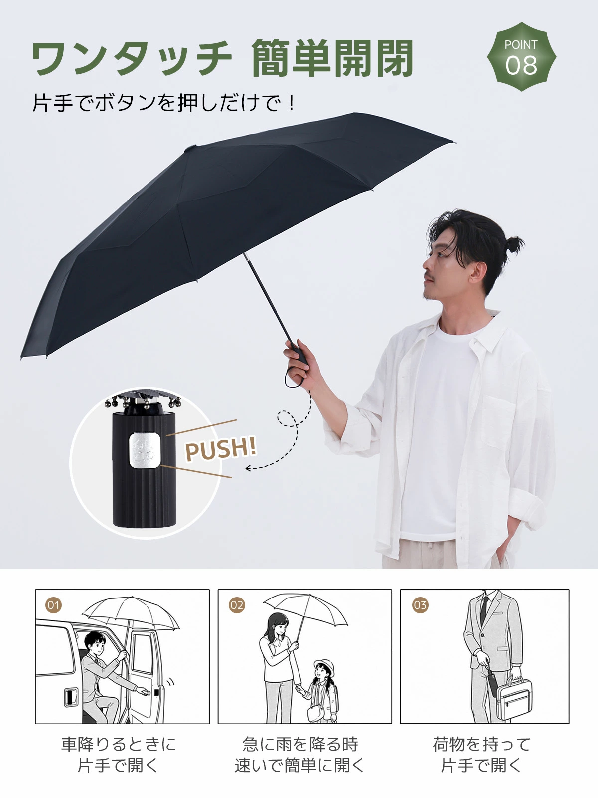 MFU5S PLUS メンズ向け ビッグサイズ100cm 8本骨 形状記憶 完全遮光折りたたみ日傘