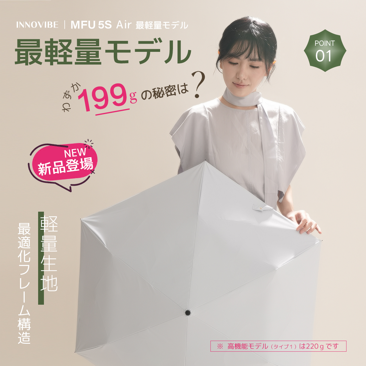 MFU5S AIR 最軽量 6本骨 90cm 形状記憶折りたたみ傘