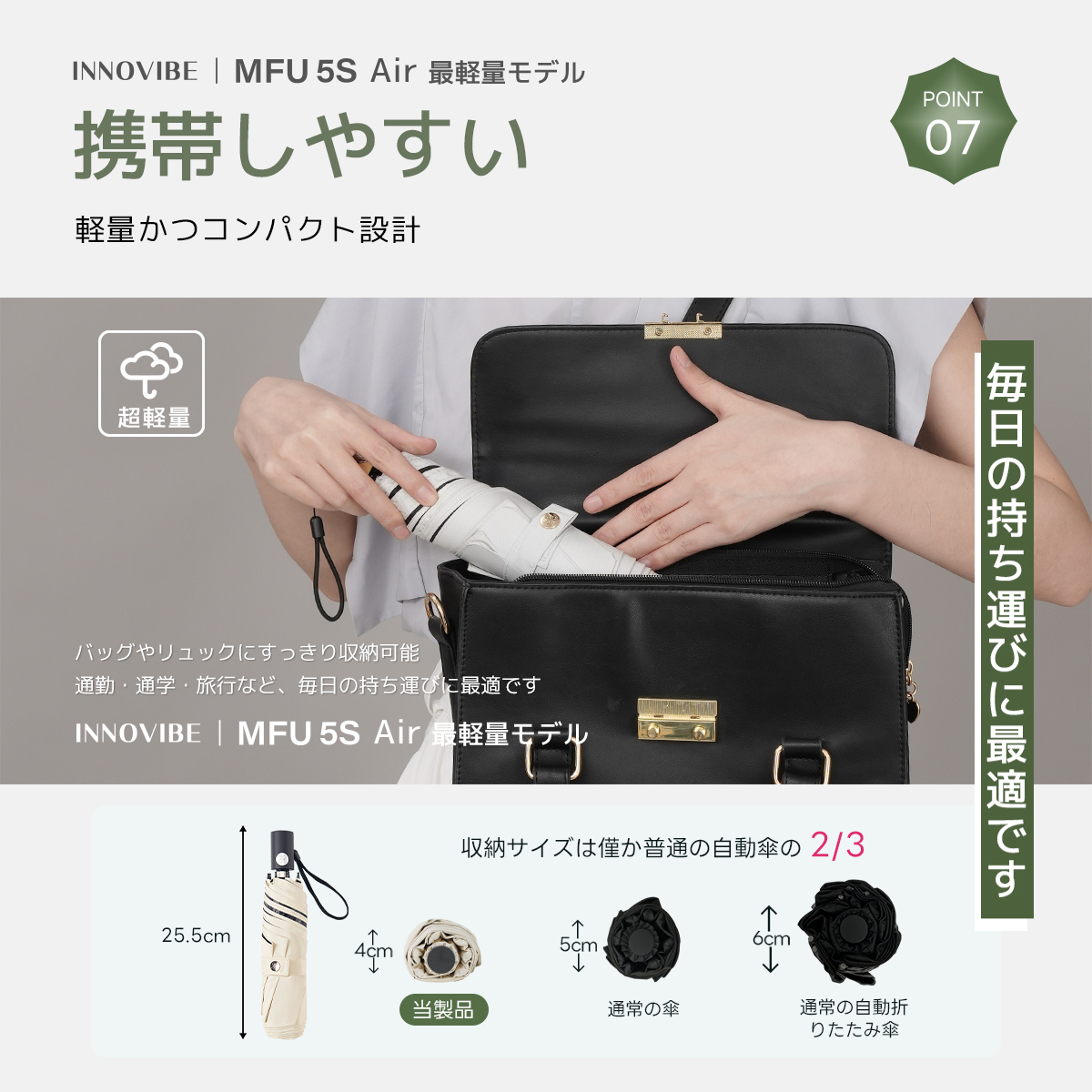 MFU5S AIR 最軽量 6本骨 90cm 形状記憶折りたたみ傘