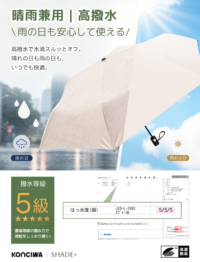 SHADE+  完全遮光100% 自動開閉 6本骨 97cm 晴雨兼用 逆戻り防止 折りたたみ日傘