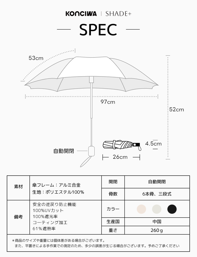 SHADE+  完全遮光100% 自動開閉 6本骨 97cm 晴雨兼用 逆戻り防止 折りたたみ日傘