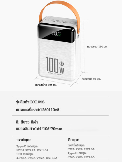 พาวเวอร์แบงค์มีสายในตัว ชาร์จเร็วพิเศษ 100W  80,000mAh 