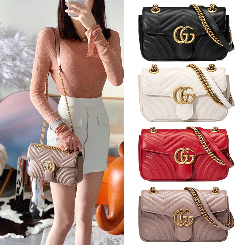 GUCCI 古馳 GG Marmont Mini 黑金 雙鍊 翻蓋 單肩包 斜挎包 口蓋包 446744