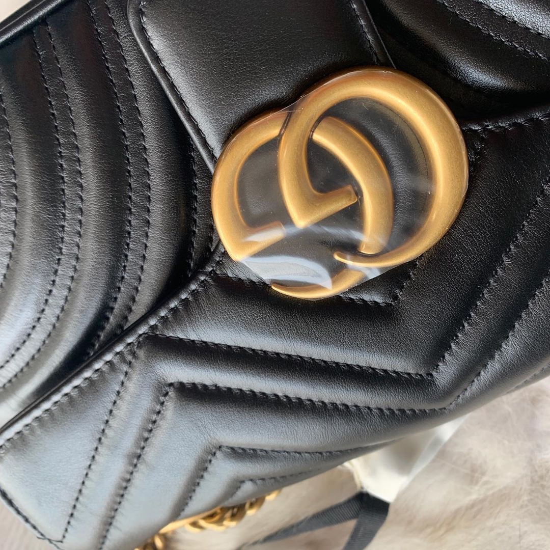 GUCCI 古馳 GG Marmont Mini 黑金 雙鍊 翻蓋 單肩包 斜挎包 口蓋包 446744