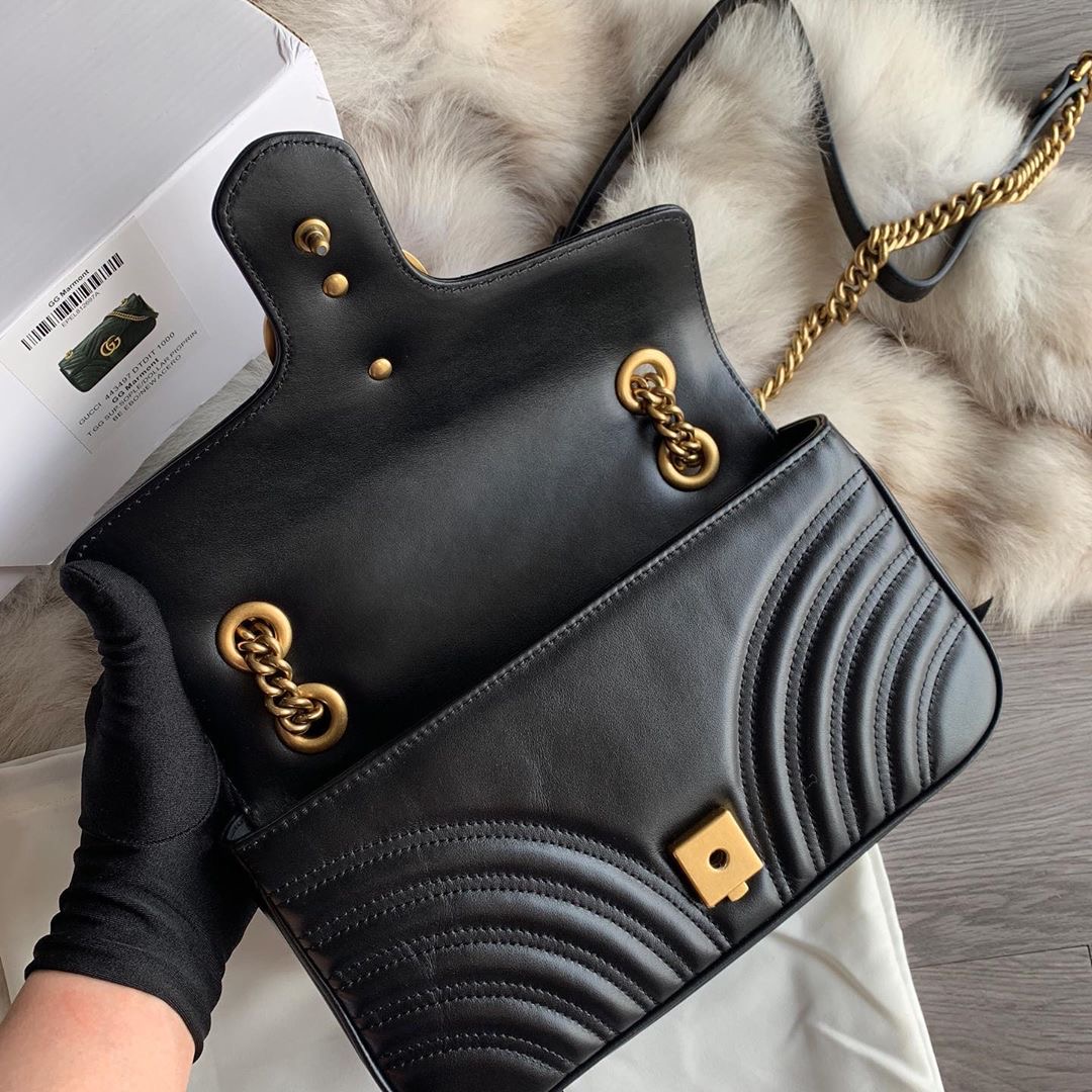 GUCCI 古馳 GG Marmont Mini 黑金 雙鍊 翻蓋 單肩包 斜挎包 口蓋包 446744