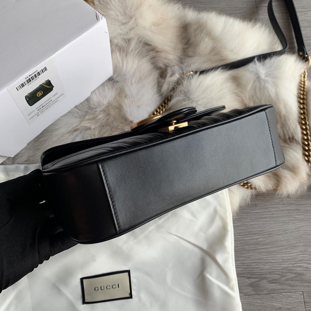 GUCCI 古馳 GG Marmont Mini 黑金 雙鍊 翻蓋 單肩包 斜挎包 口蓋包 446744