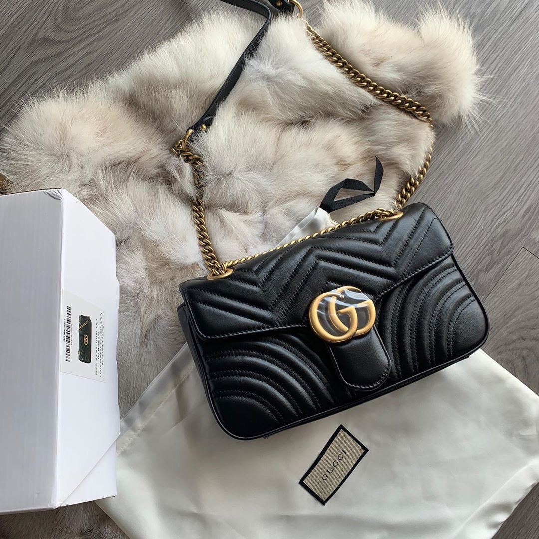 GUCCI 古馳 GG Marmont Mini 黑金 雙鍊 翻蓋 單肩包 斜挎包 口蓋包 446744