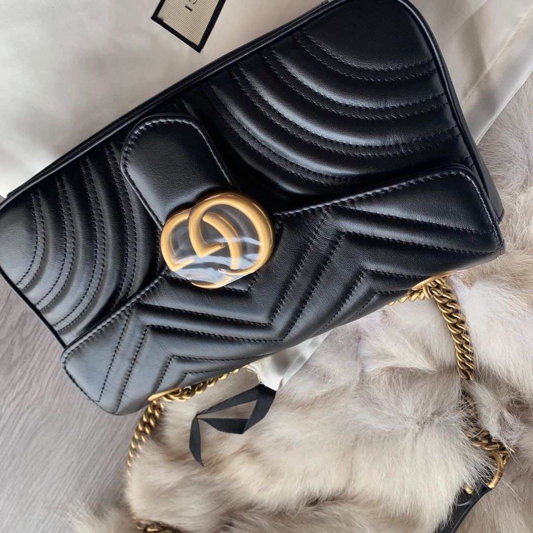 GUCCI 古馳 GG Marmont Mini 黑金 雙鍊 翻蓋 單肩包 斜挎包 口蓋包 446744