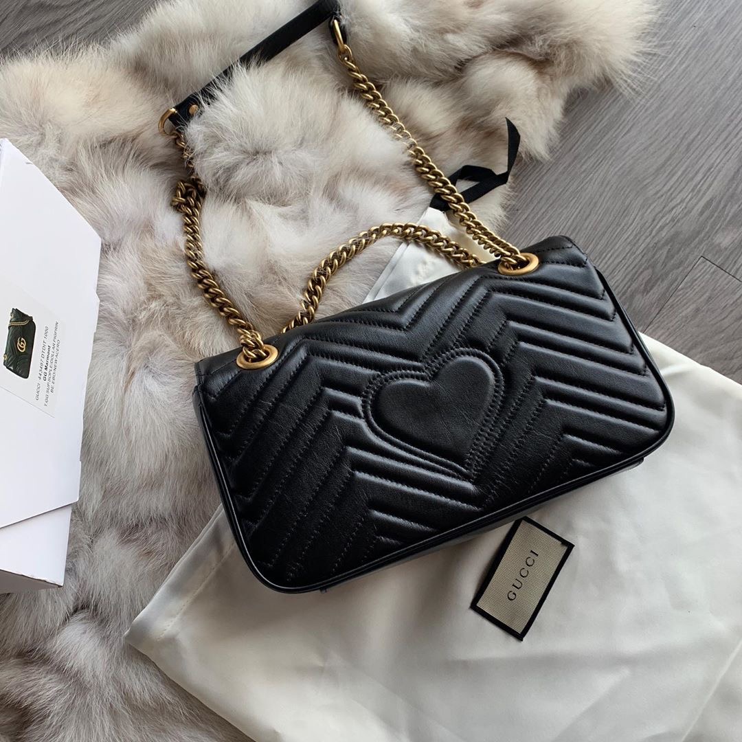 GUCCI 古馳 GG Marmont Mini 黑金 雙鍊 翻蓋 單肩包 斜挎包 口蓋包 446744