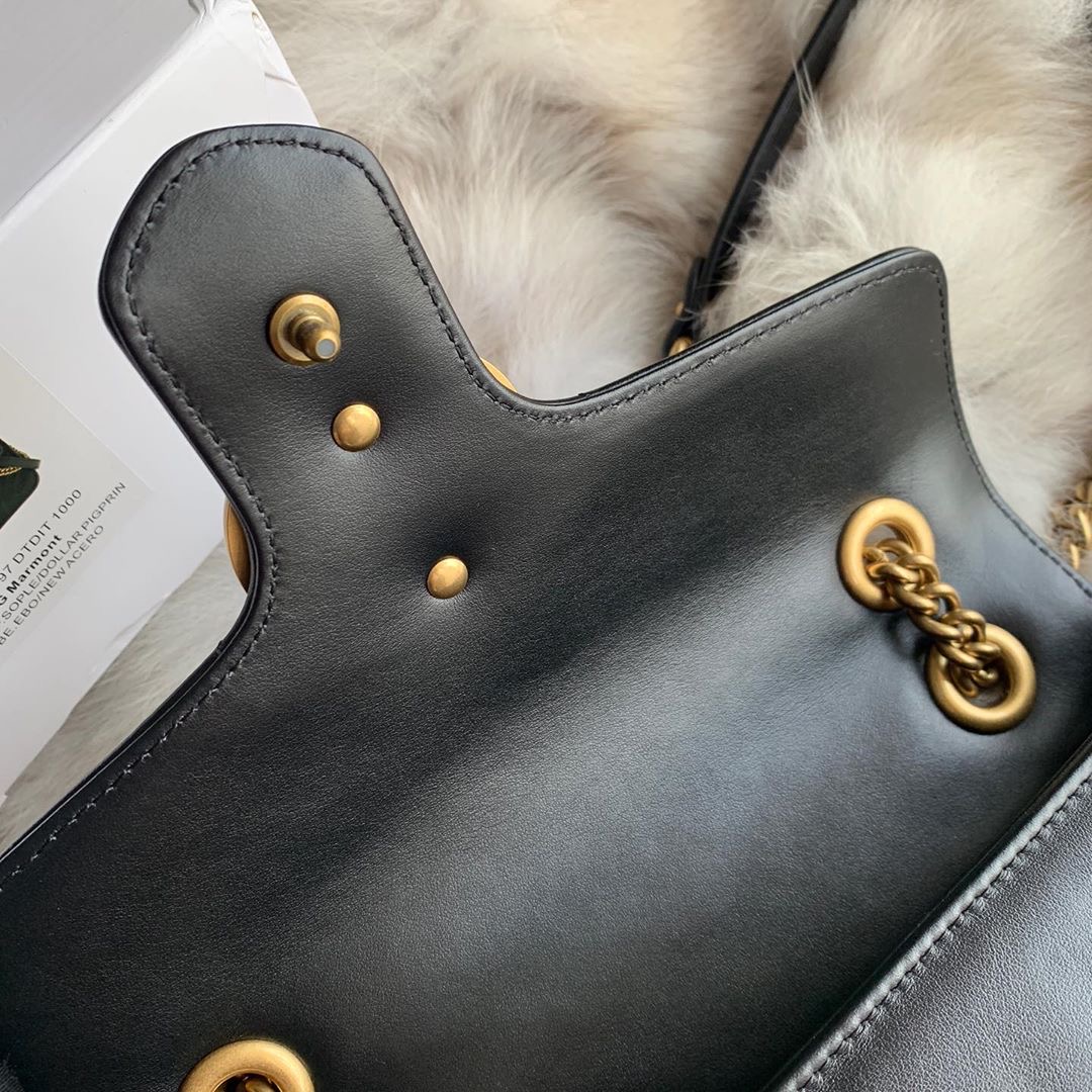 GUCCI 古馳 GG Marmont Mini 黑金 雙鍊 翻蓋 單肩包 斜挎包 口蓋包 446744