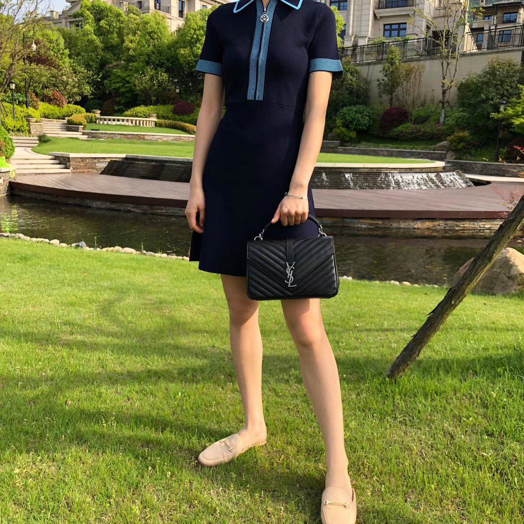 YVES SAINT LAURENT 聖羅蘭 經典 中號 羊皮 學院包 鏈條包 手提 肩背 斜挎包 側背包