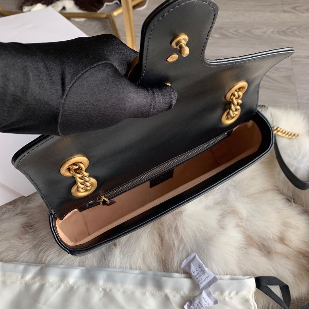 GUCCI 古馳 GG Marmont Mini 黑金 雙鍊 翻蓋 單肩包 斜挎包 口蓋包 446744