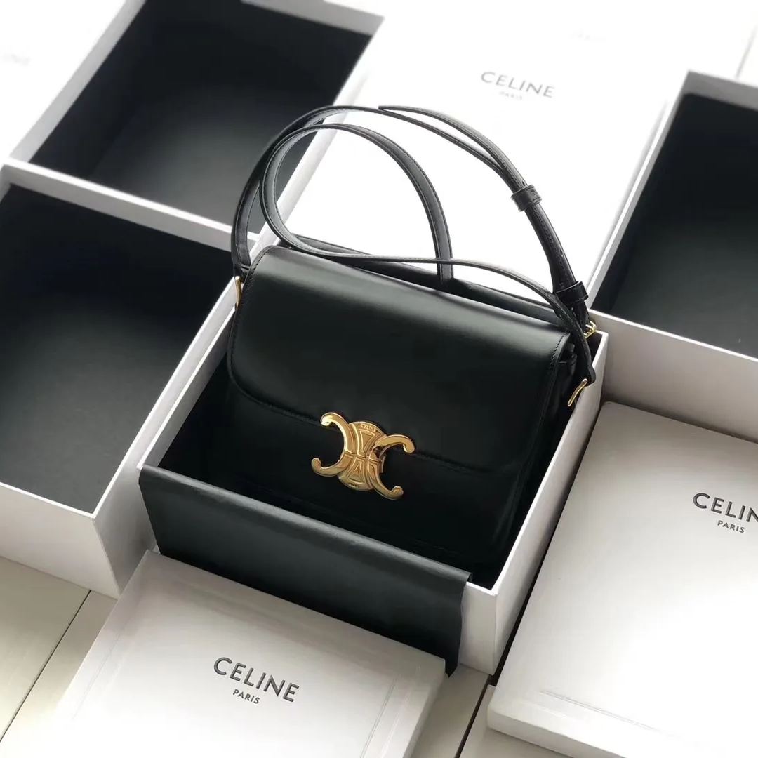 CELINE 賽琳 TRIOMPHE 凱旋門 牙簽紋 小號 中號 手提包 單肩包 斜挎包188423 黑色