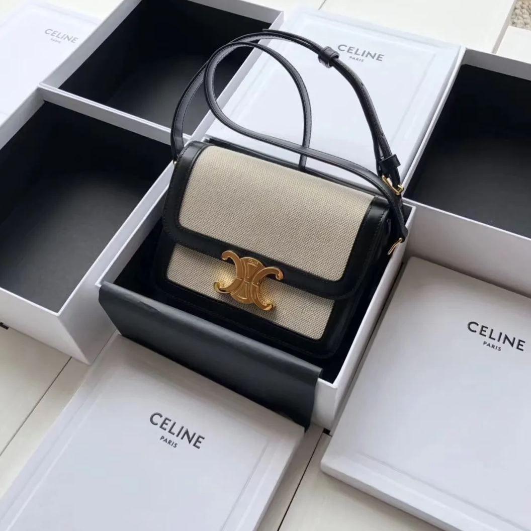 CELINE 賽琳 TRIOMPHE 凱旋門 牙簽紋 小號 中號 手提包 單肩包 斜挎包188423 黑色