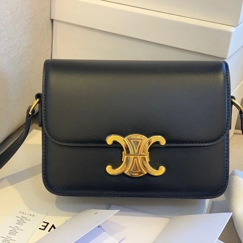 CELINE 賽琳 TRIOMPHE 凱旋門 牙簽紋 小號 中號 手提包 單肩包 斜挎包188423 黑色