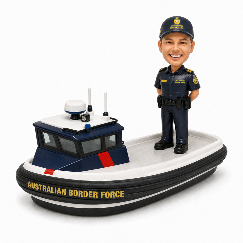 Australian border force officer bobblehead on a boat