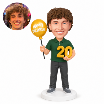 custom bobblehead figure man holding a number 20 and a birthday balloon