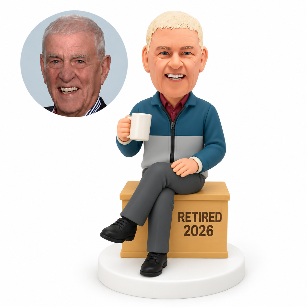 custom bobblehead figure retired man seated on a wooden box holding a mug with his other hand on his knee