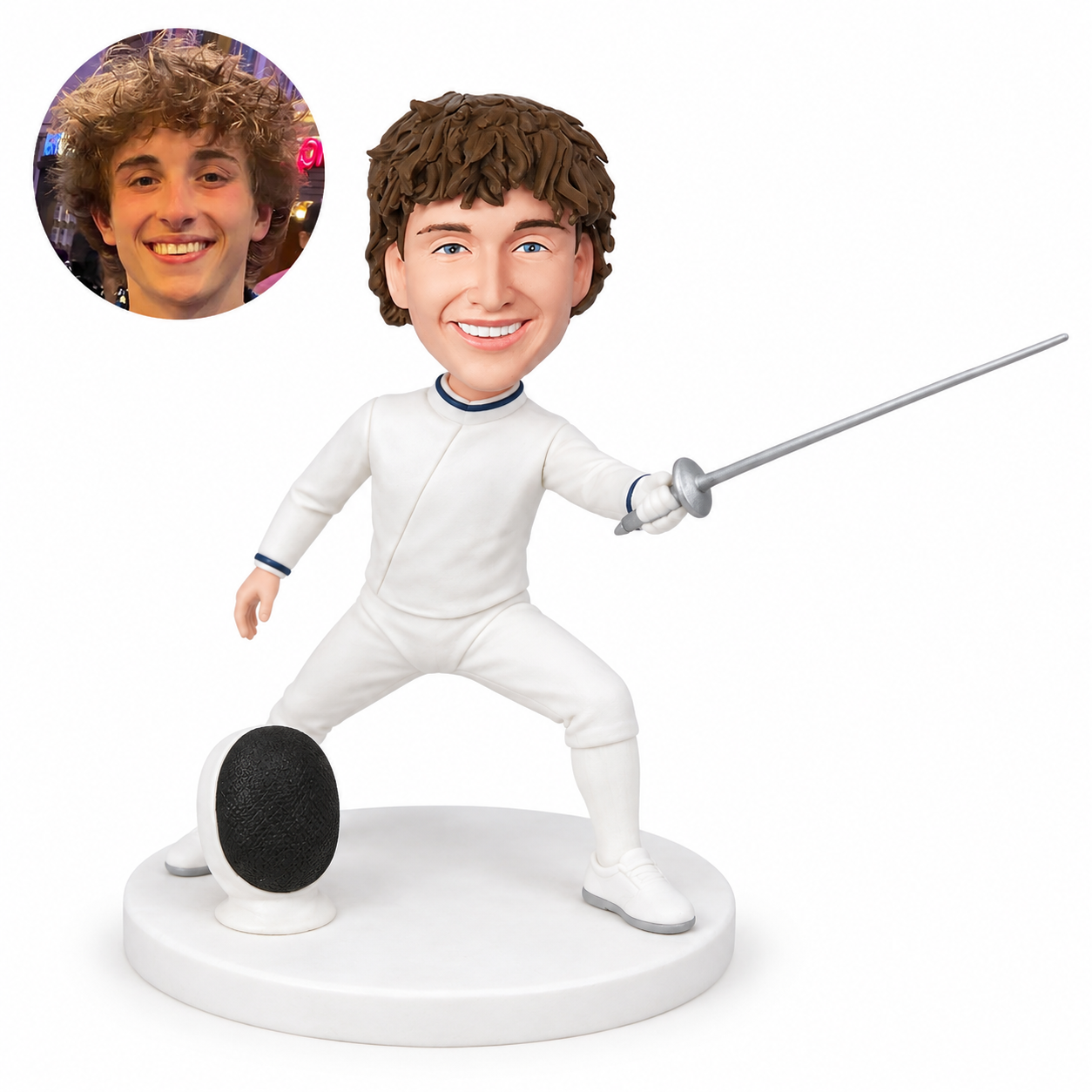 custom bobblehead figure male fencer lunging with an extended foil and a mask at his feet