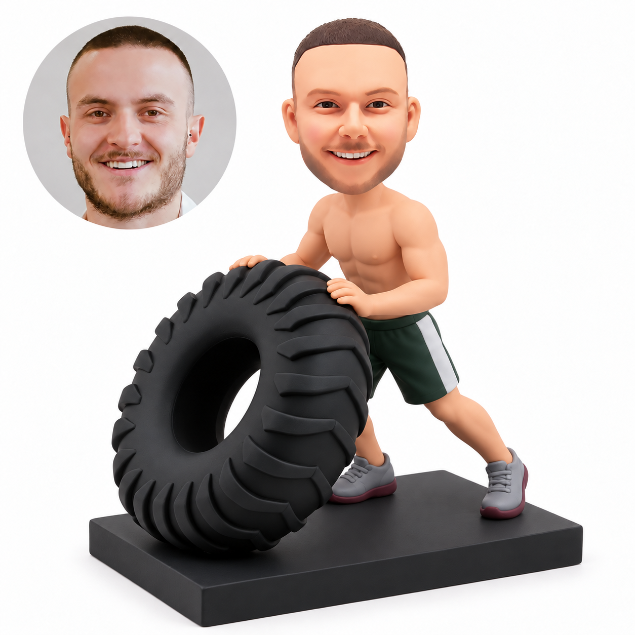 custom bobblehead figure male athlete flipping a large training tire