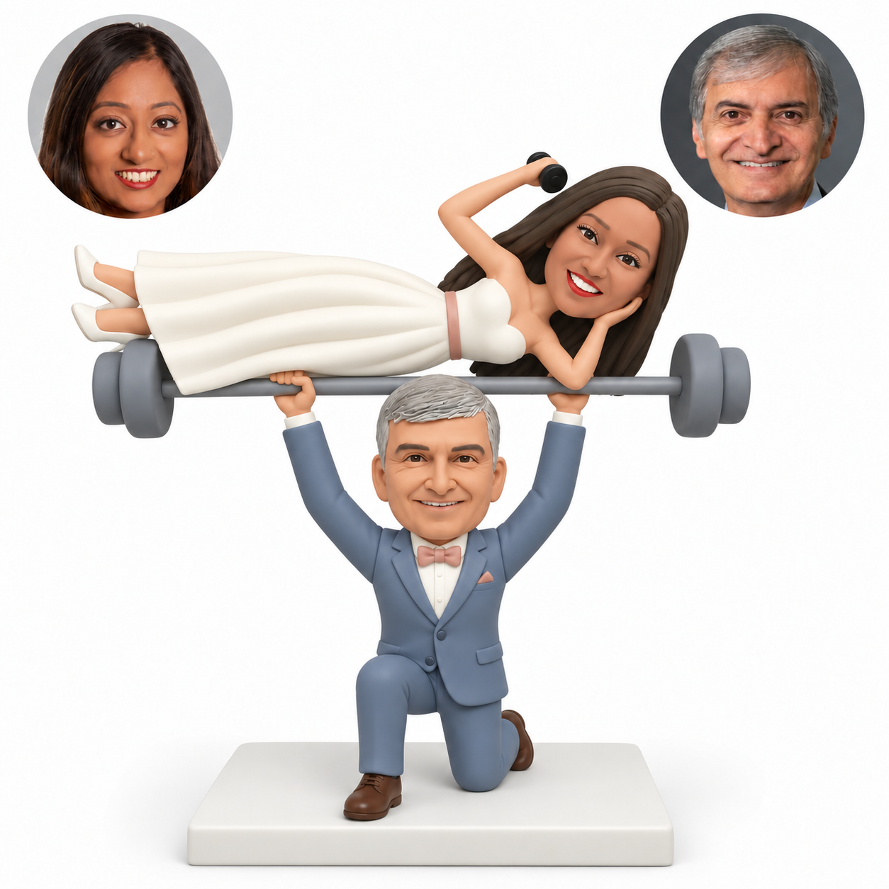 custom bobblehead figures kneeling groom lifting a barbell overhead with a reclining bride holding a small dumbbell