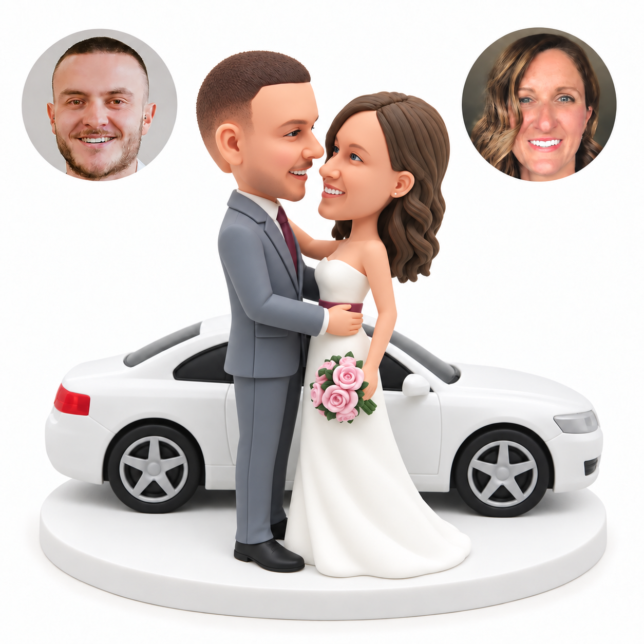 custom bobblehead figures wedding couple facing each other and embracing beside a fixed car
