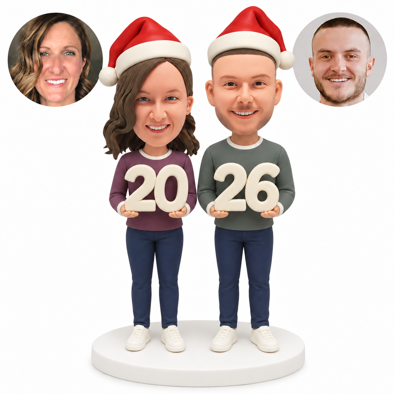 custom bobblehead figures festive couple in Santa hats each holding a large two-digit number with both palms underneath