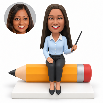 custom bobblehead figure female teacher seated on a giant pencil holding a pointer with her other hand on her thigh