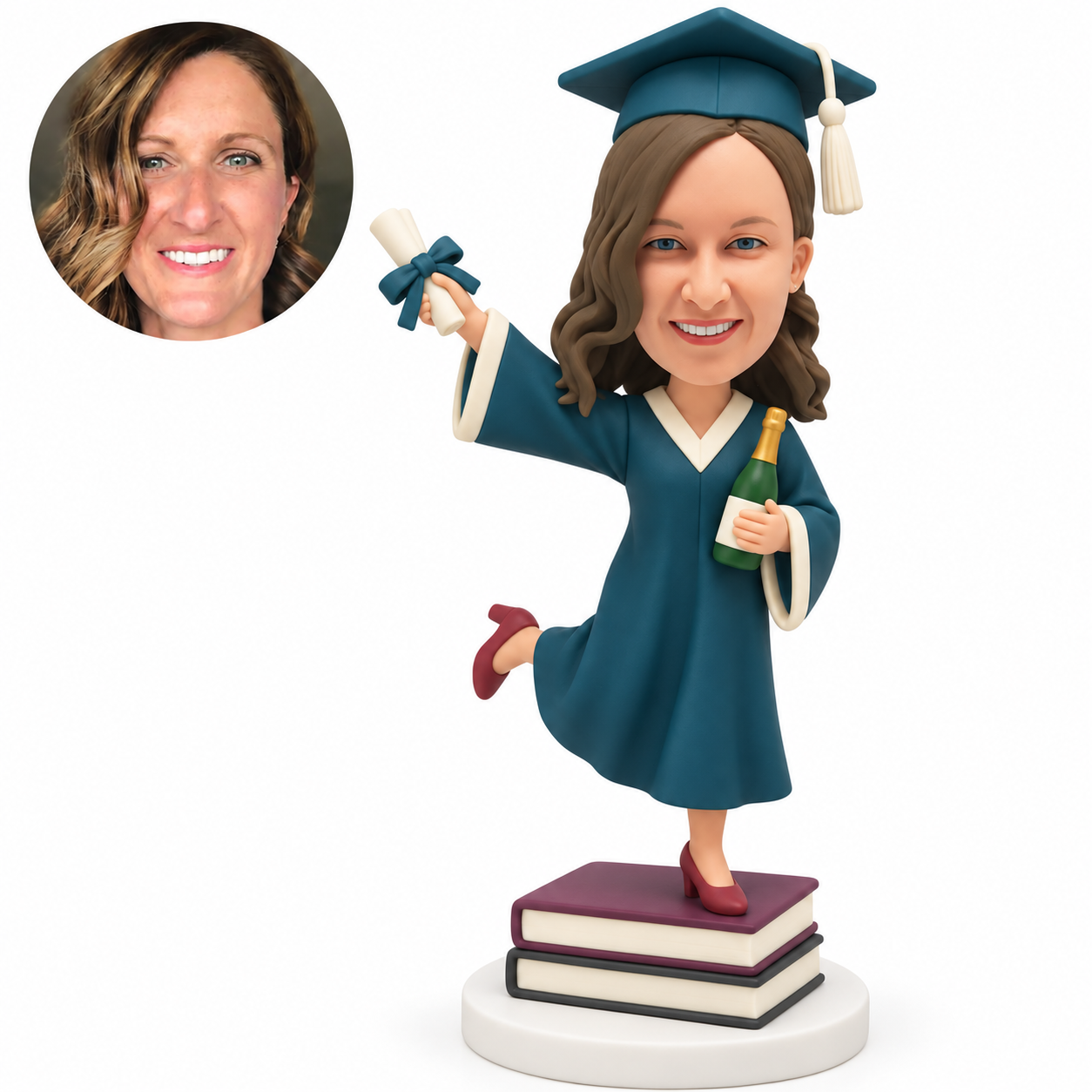 custom bobblehead figure female graduate with one leg bent back holding a diploma and a celebration bottle on stacked books