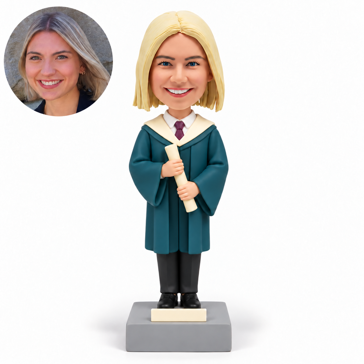 custom bobblehead figure female graduate gripping a diploma with both hands at different heights on a rectangular display plinth