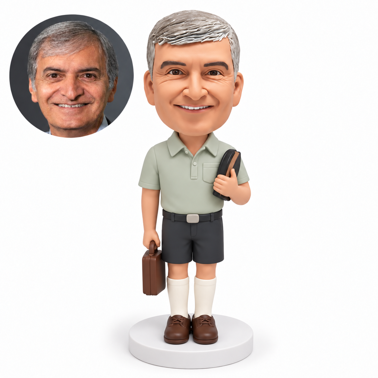 custom bobblehead figure male teacher in shorts holding a book at his left shoulder and a briefcase in his right hand