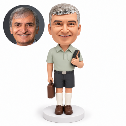 custom bobblehead figure male teacher in shorts holding a book at his left shoulder and a briefcase in his right hand