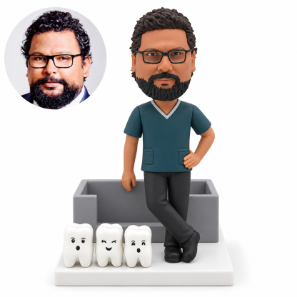 custom bobblehead figure male dentist standing with crossed ankles beside a business card tray and three tooth models
