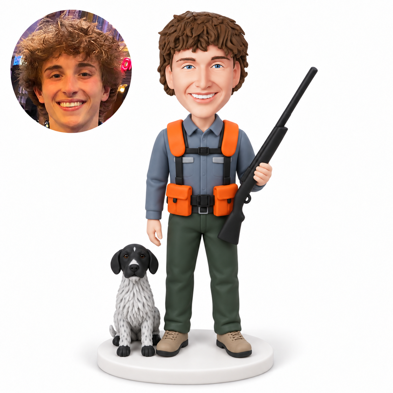 custom bobblehead figure male hunter holding a rifle in his left hand beside a seated pointer dog