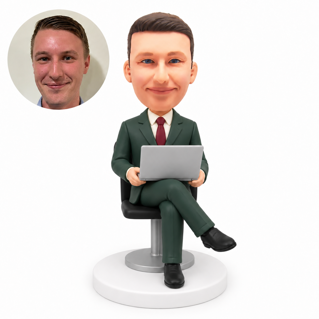 custom bobblehead figure businessman seated with his right leg crossed holding an open laptop on his lap with both hands