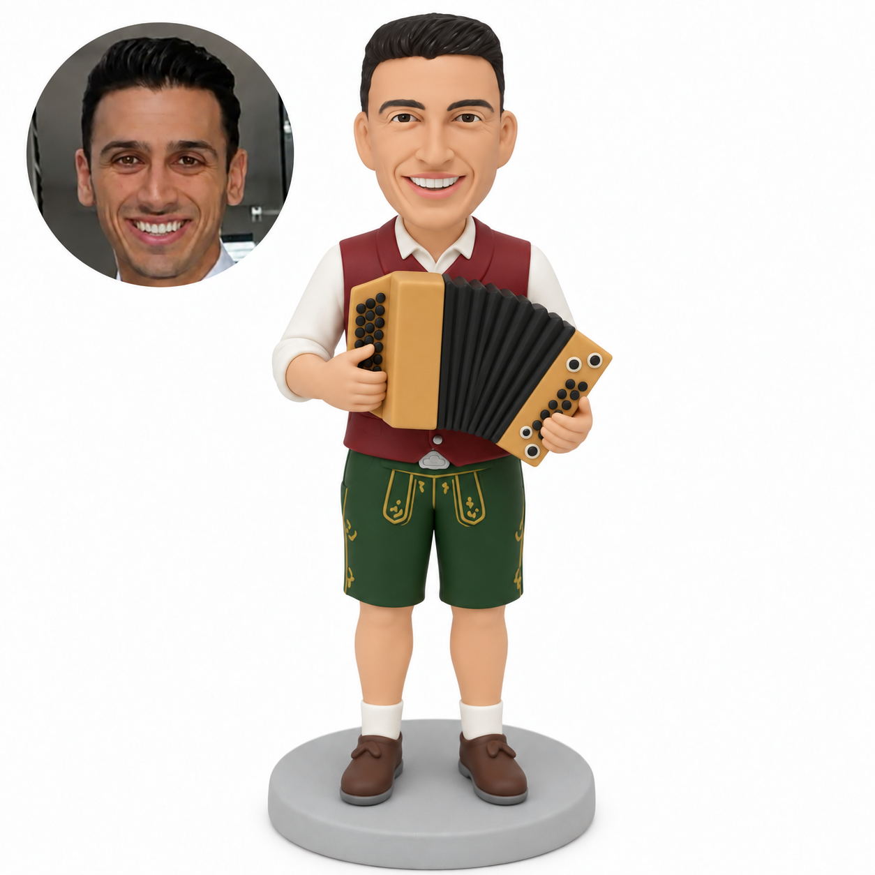 custom bobblehead figure male button accordion player in a waistcoat and lederhosen shorts holding the instrument with both hands